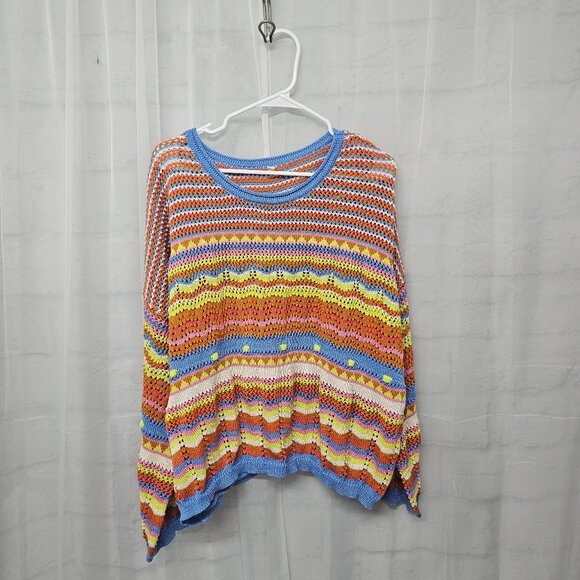 Crewneck Sweater Crochet Knit Orange Blue Striped Boho Colorful L - Picture 7 of 10